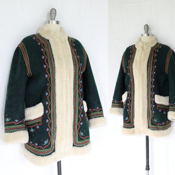 Vintage suede Leather shearling lamb fur Afghan Penny Lane embroideredjacket